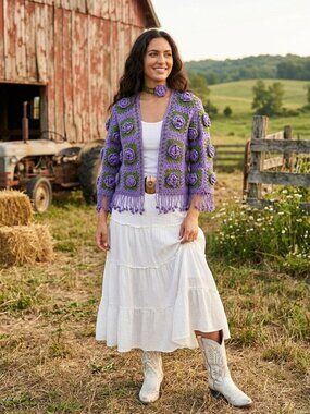 Purple 3D Floral Fringe Granny Square Sweater and Rose Wrap Choker M/L